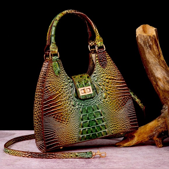 Handbags - Green & Brown Gradient Faux Leather Crocodile Handbag W Crossbody Strap NWOT